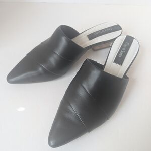 Franco Sarto Black Leather Pointed Toe Mules With Stacked Cork Heel